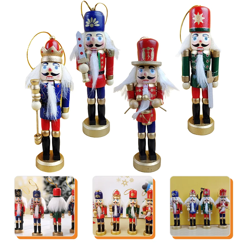 4 Pcs Desktop Nutcracker King Christmas Decorations Home Wood Ornaments for Tree Figures Wooden Figurines