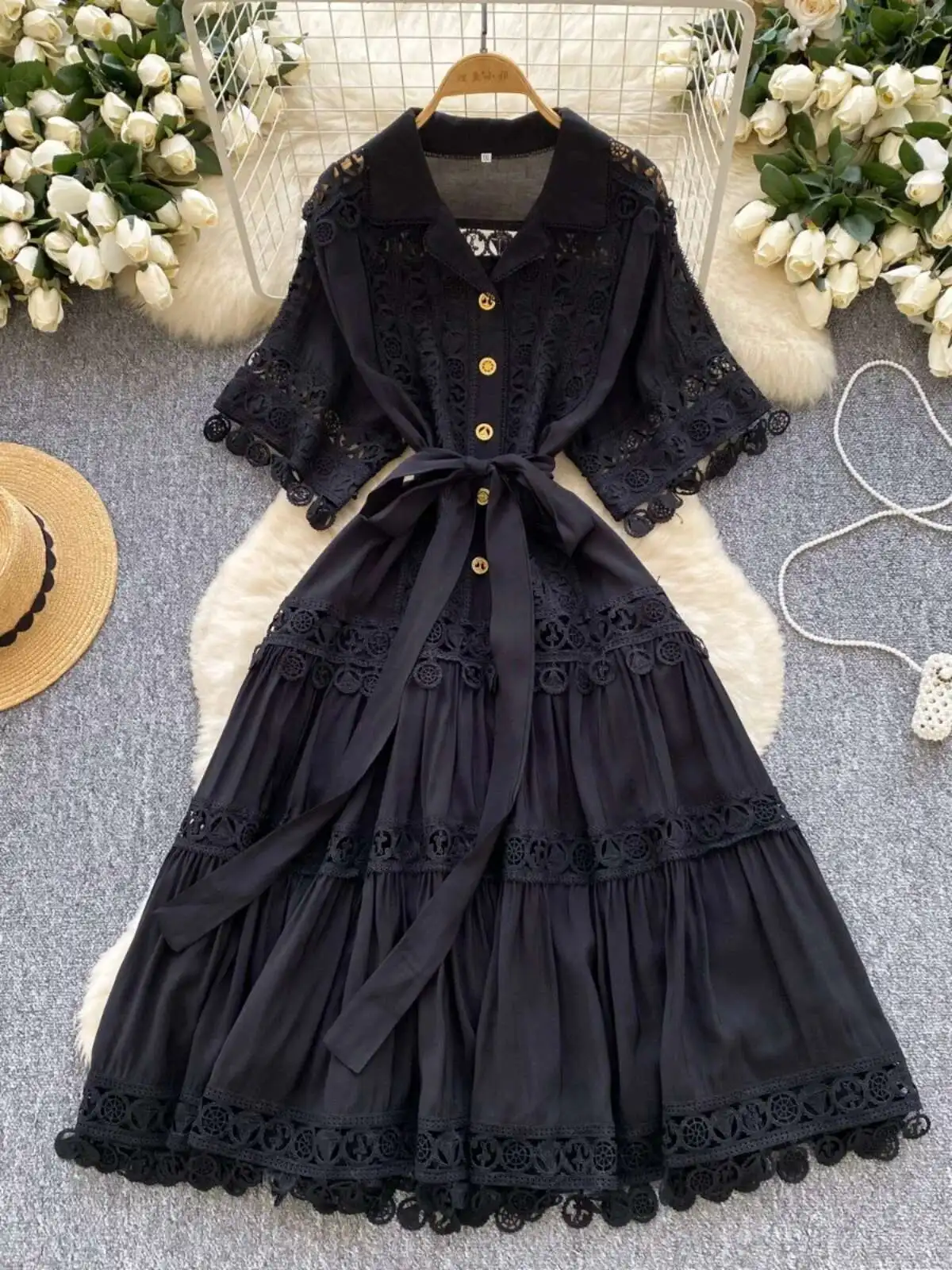 Luxury Hollow Out Midi Dresses Shirt Women Summer Holiday Elegant Single Breasted Button Lace Belt Embroidery Party Long Vestido