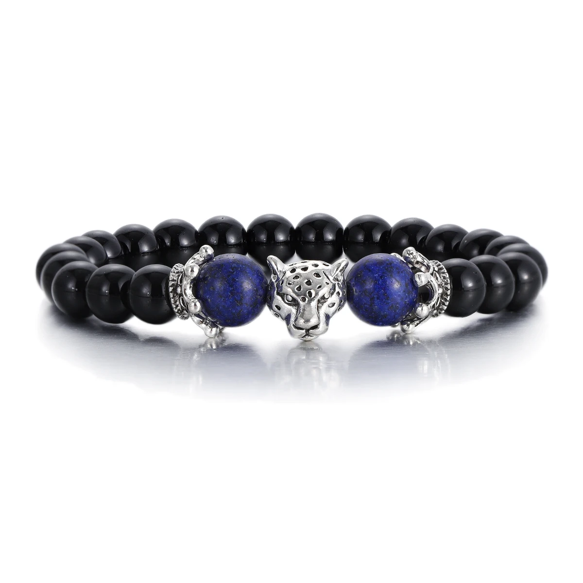 Men Leopard Head Beaded Bracelet Natural Black Onyx Lapis Lazuli Stone Beads Bracelets Energy Protection Bangle Fashion Jewelry