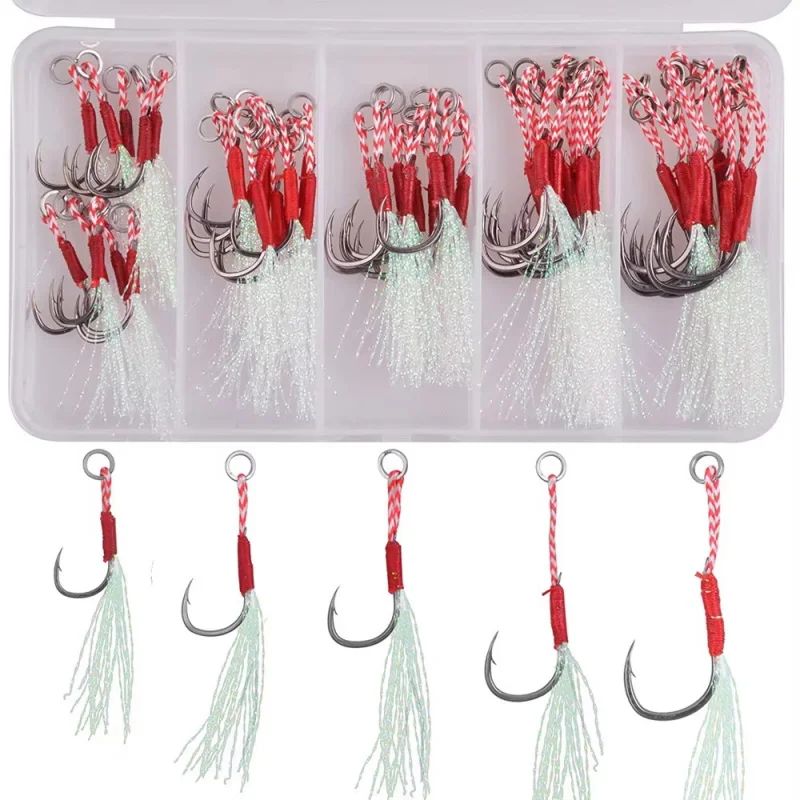 Anzuelo de Pesca de 10/30/60 unidades, anzuelos dobles, hilo de púas, accesorios de plumas, señuelo de Pesca de acero rico en carbono, Jigging lento