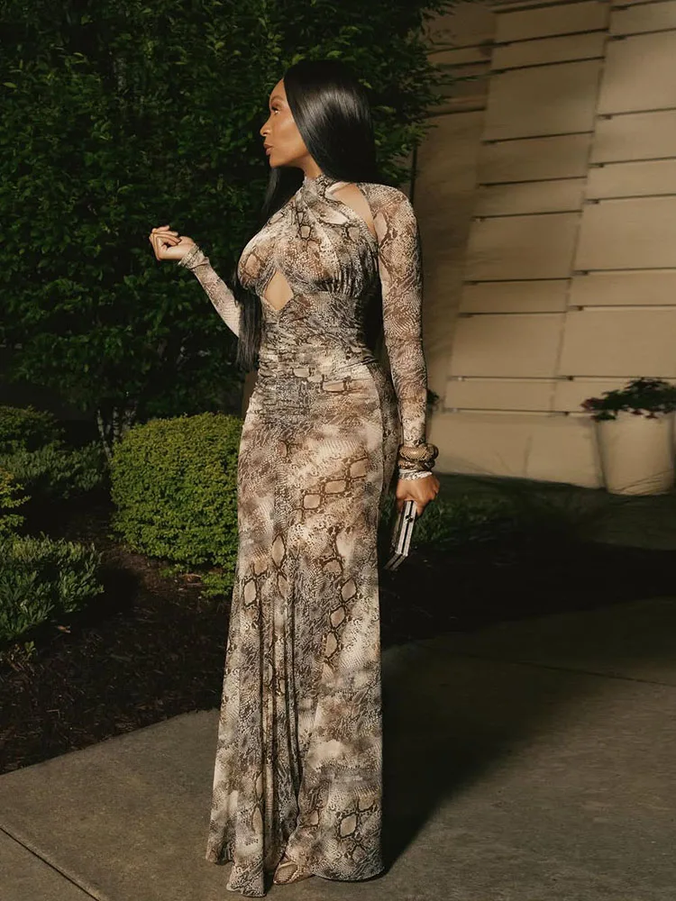 

Whatiwear платье макси со змеиным принтом, женское сексуальное платье с крестом и длинными рукавами, облегающее персиковое платье на бедрах, полуночное клубное вечерние кокетлитовое платье, Vestidos