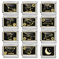 Fashion Women Men Original Design Black Colour 12 Constellation Charm Fit 9mm Bracelet Stainless Steel Jewelry Making For Gift