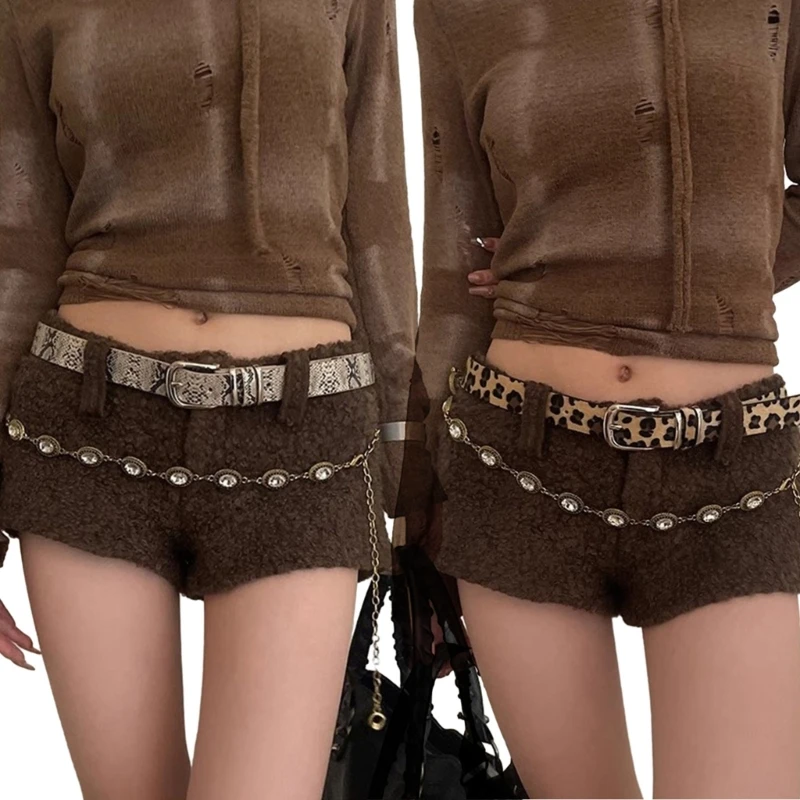 652F Modern Skinny Belt Jeans Waistband Snakeskin Style Leopard Print Belt Waistband for Street Player Country Girls