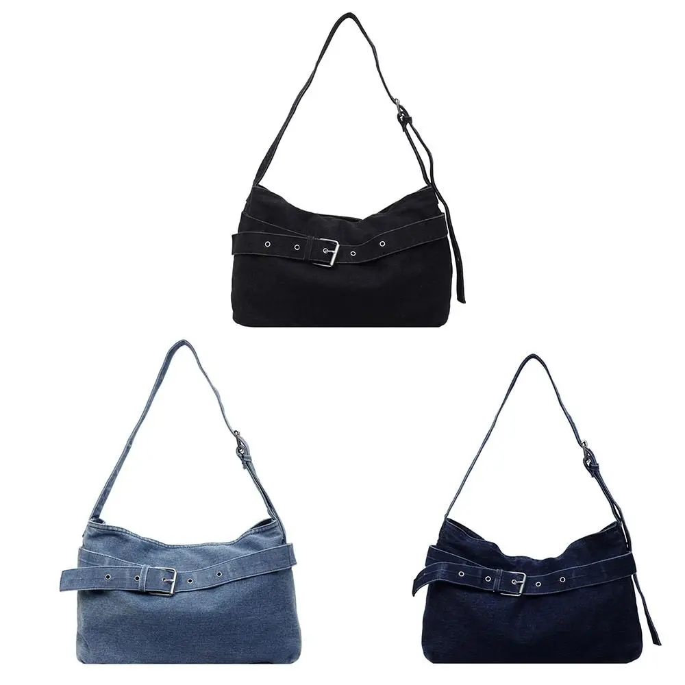 حقيبة يد كاجوال من قماش الدنيم على الطراز الكوري حقيبة حمل من جلد البولي يوريثان حقيبة يد ذات سعة كبيرة بلون سادة وسعة كبيرة تحت الإبط للفتيات