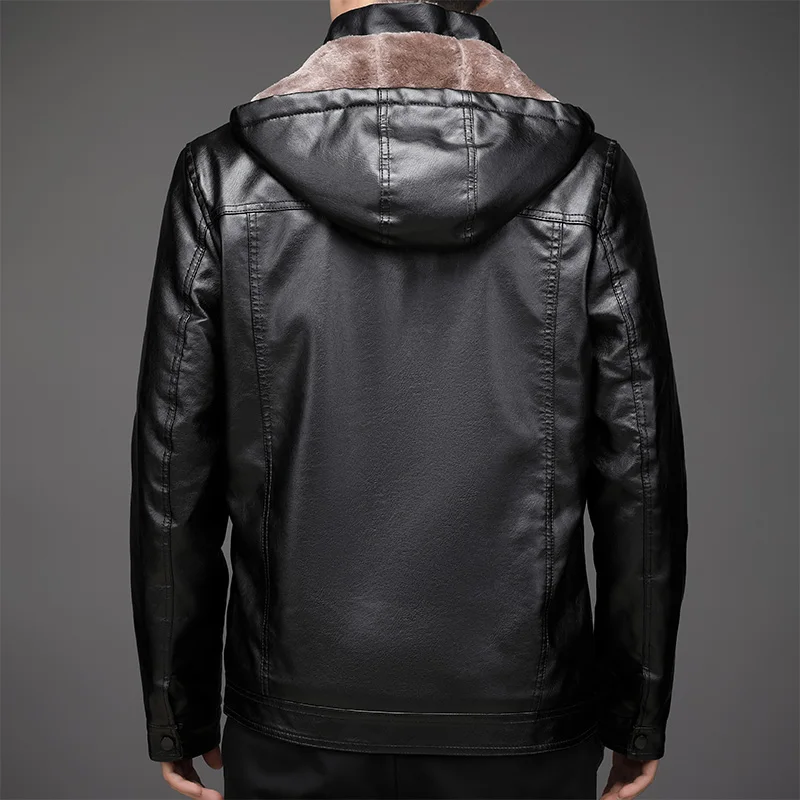 Jacket Men Winter Waterproof Faux Leather Jacket Fur Collar Fit Men Jacket Hooded Outerwear Vintage Fashion High Quality Coat