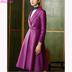 French Elegant Purple Leather Coat Women Single Button Long Sleeve Oversize Hem Suit Collar Sheepskin Trench Lederjacke Damen