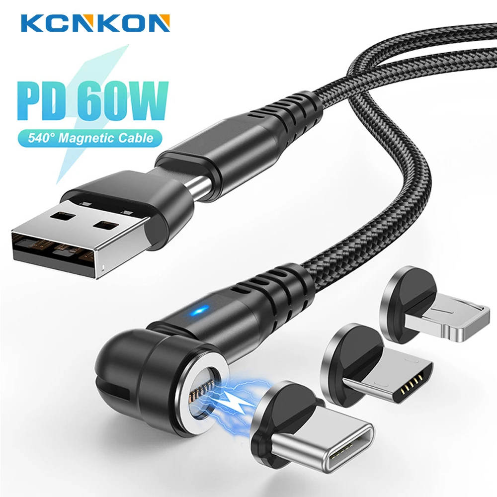 6 in 1 PD 60W ricarica rapida cavo di ricarica magnetico A 540 ° cavo USB C/A compatibile con Micro USB, tipo C e la maggior parte dei dispositivi