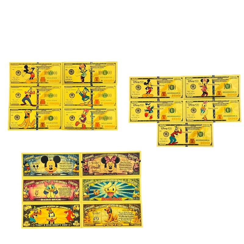 

MINISO 17 Types Hot Sale Disney Micky Mouse Anime Gold Banknote in 24k Gold Plated For Collection