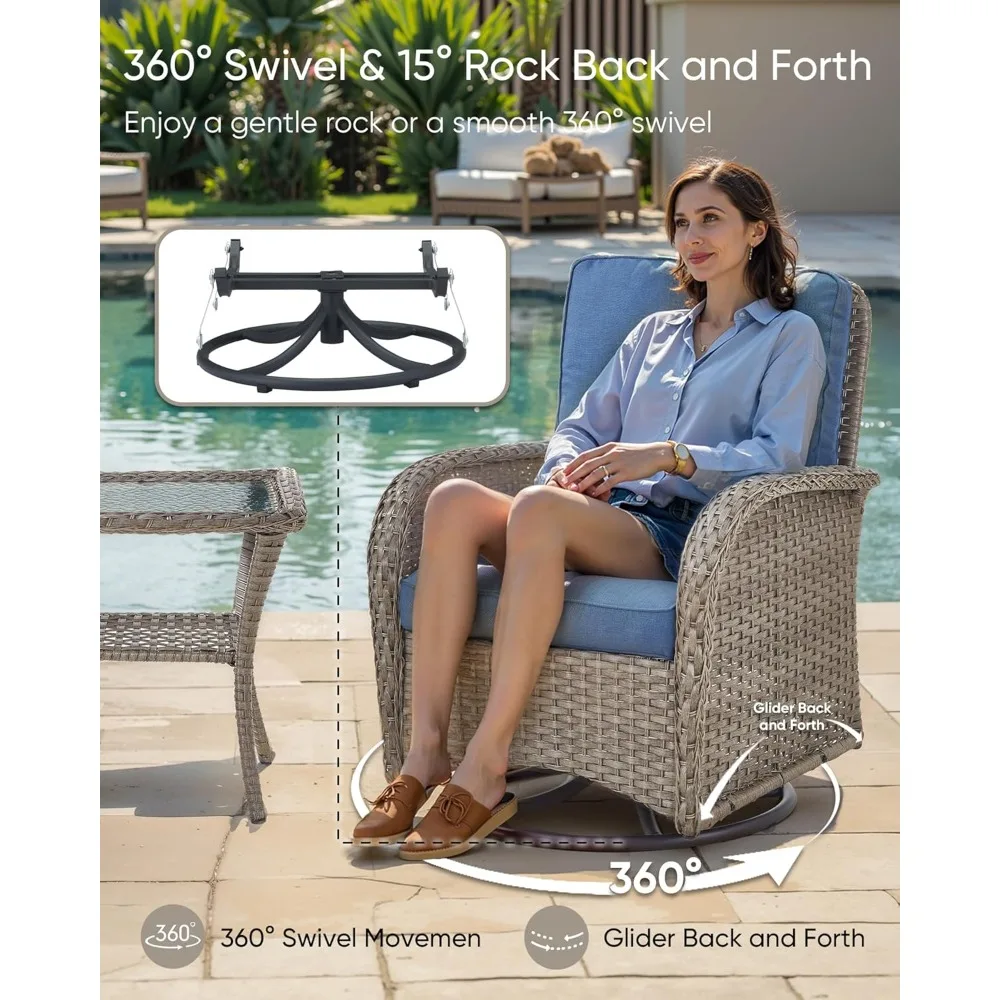 All-Weather Wicker 3-Piece Outdoor Rocking Chair Set with Swivel Chairs and Side Table for Small Patio