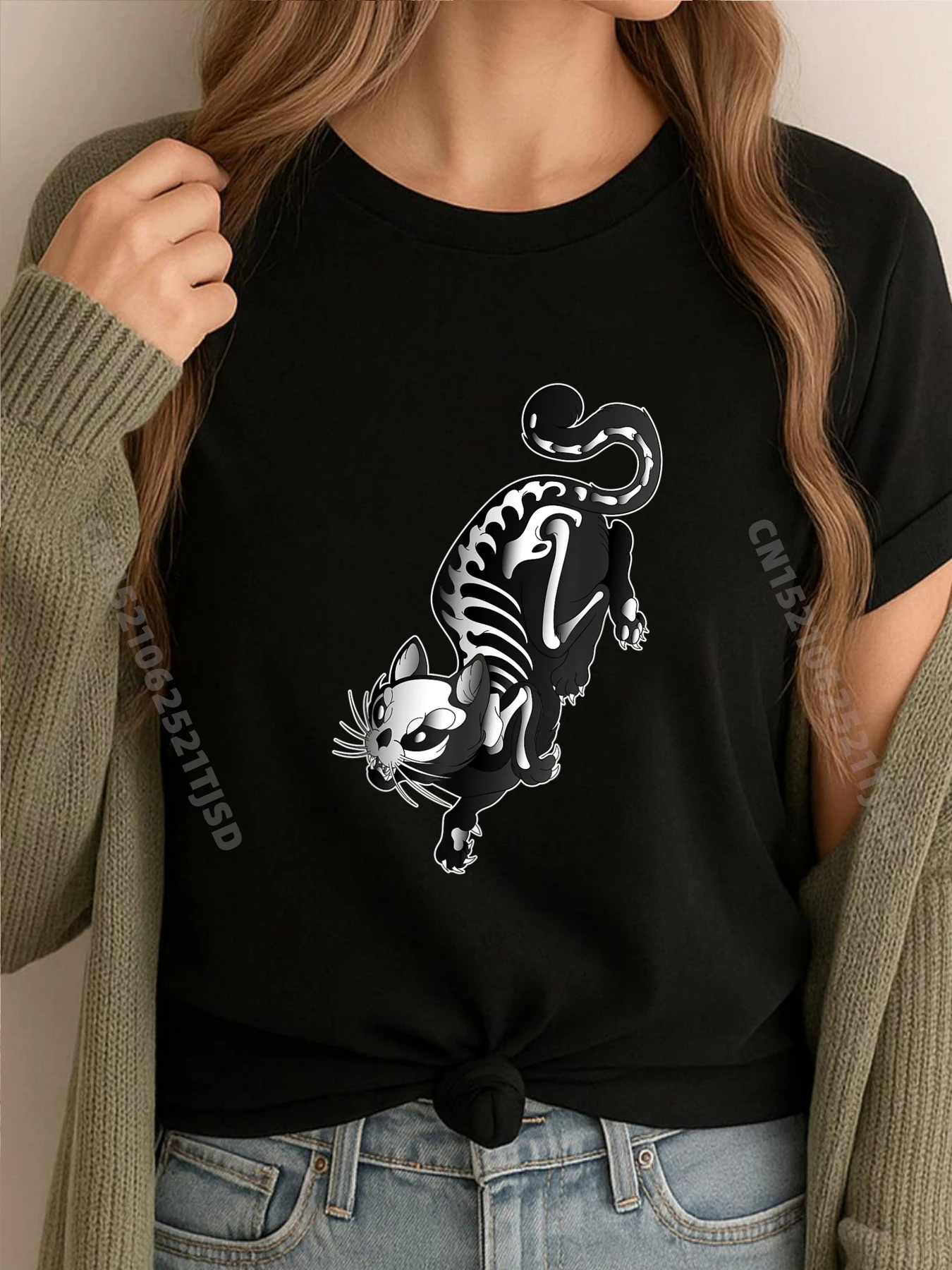 

Забавный жуткий кот, скелет, Хэллоуин, ужасы, животное, милые футболки с аниме, винтажная женская футболка