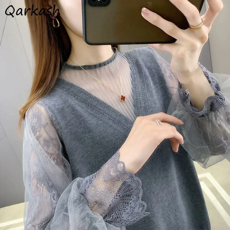 

Sheer Pullovers Women Long Sleeve Lace Design O-neck Solid Korean Style Loose Autumn Clothing Ladies Outwear Chic Comfortable