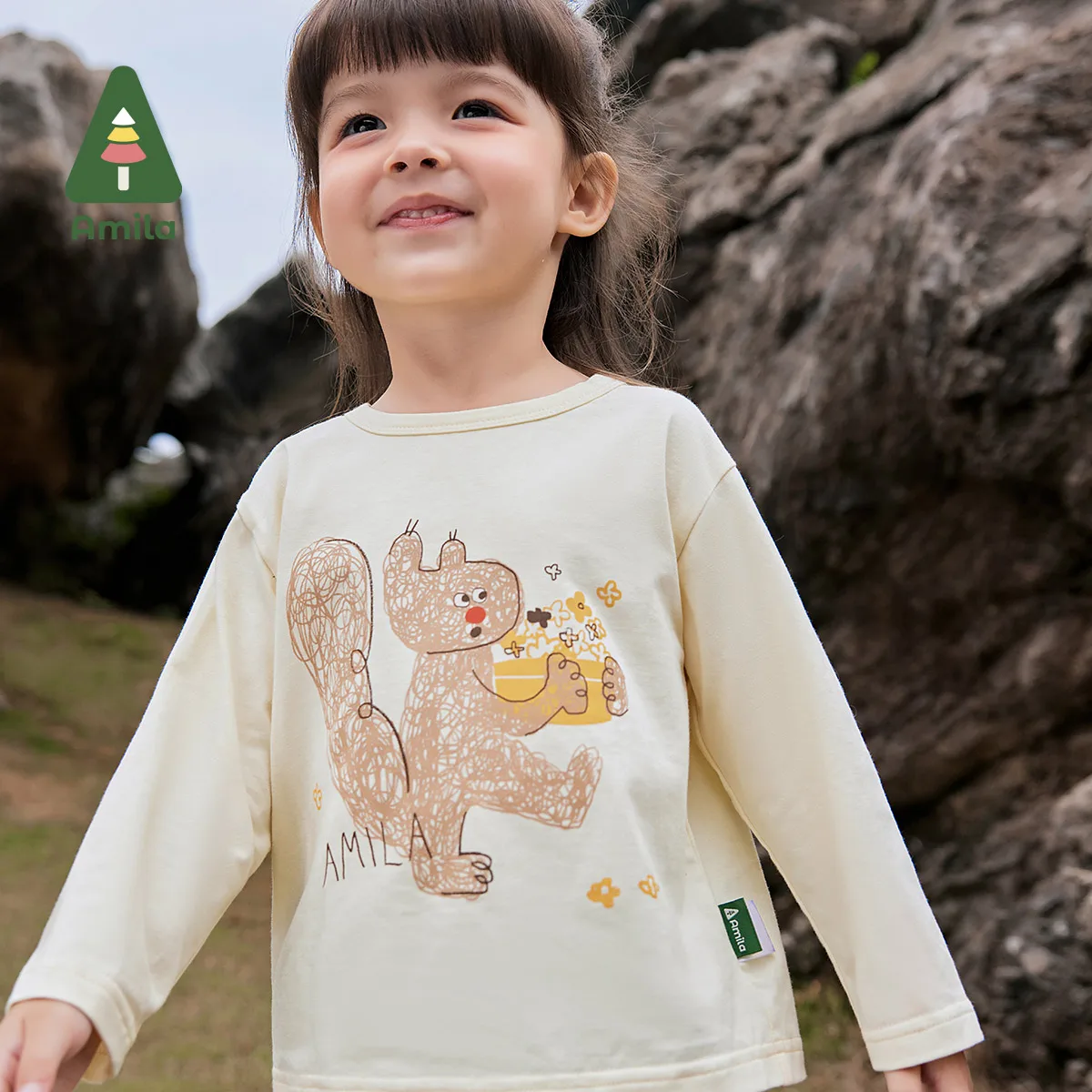 Amila Baby T-Shirt 2024 Autumn New Boys And Girls Solid Color Animal Pure Cotton Round Neck Soft Casual Loose Children‘S Tops