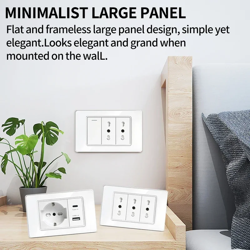 118 Series Golden Tempered Glass Italian/Chile Standard 16A Wall Power Socket with Dual USB Type-C 20W Fast Charging for Home