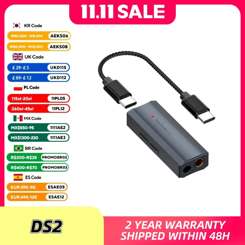 

Fosi Audio DS2 Mini Audio USB DAC Dongle Headphone Amplifier DSD Decoder Amp Support 32bit/384kHz with 3.5MM & 4.4MM Balanced