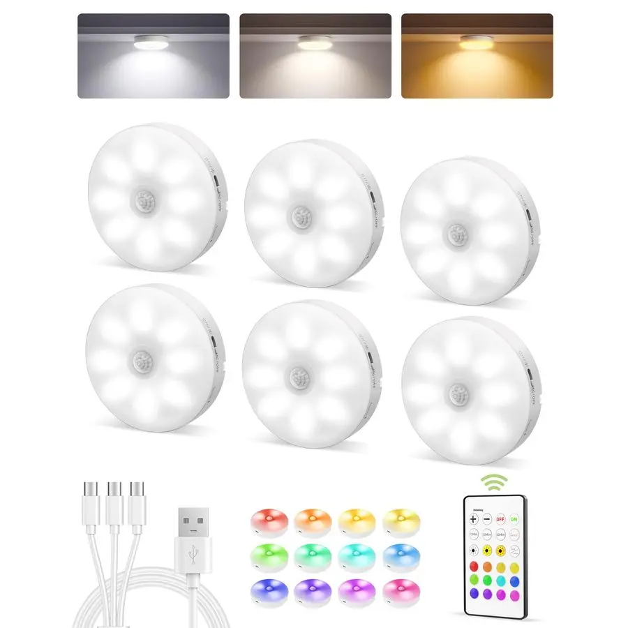 

6Pack Under Cabinet Lighting, Rechargeable Motion Sensor Puck Light with Remote, 3 Color Temps amp12 RGB Colors, Magnetic Stick