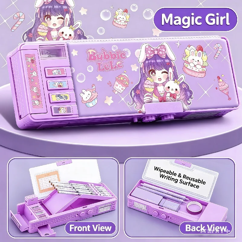 Cute Girls Double Layer Pencil Box with Combination Lock Large Capacity Cartoon Stationery Organizer School Supplies