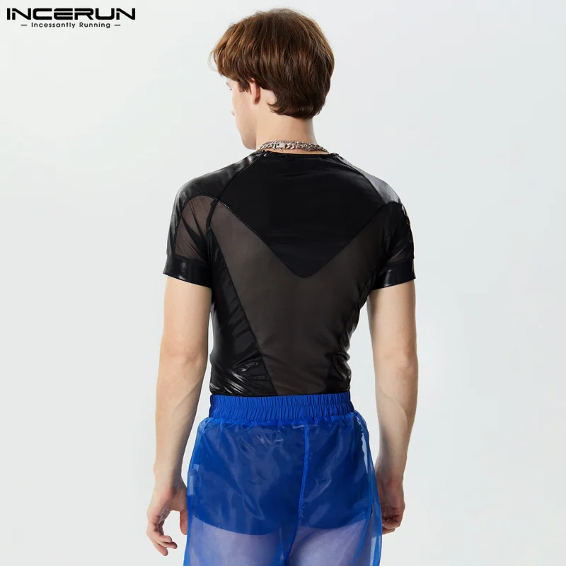 2024 Men\'s Bodysuits Mesh Patchwork Shiny Transparent O-neck Short Sleeve Male Rompers Streetwear Fashion Bodysuit S-3XL INCERUN