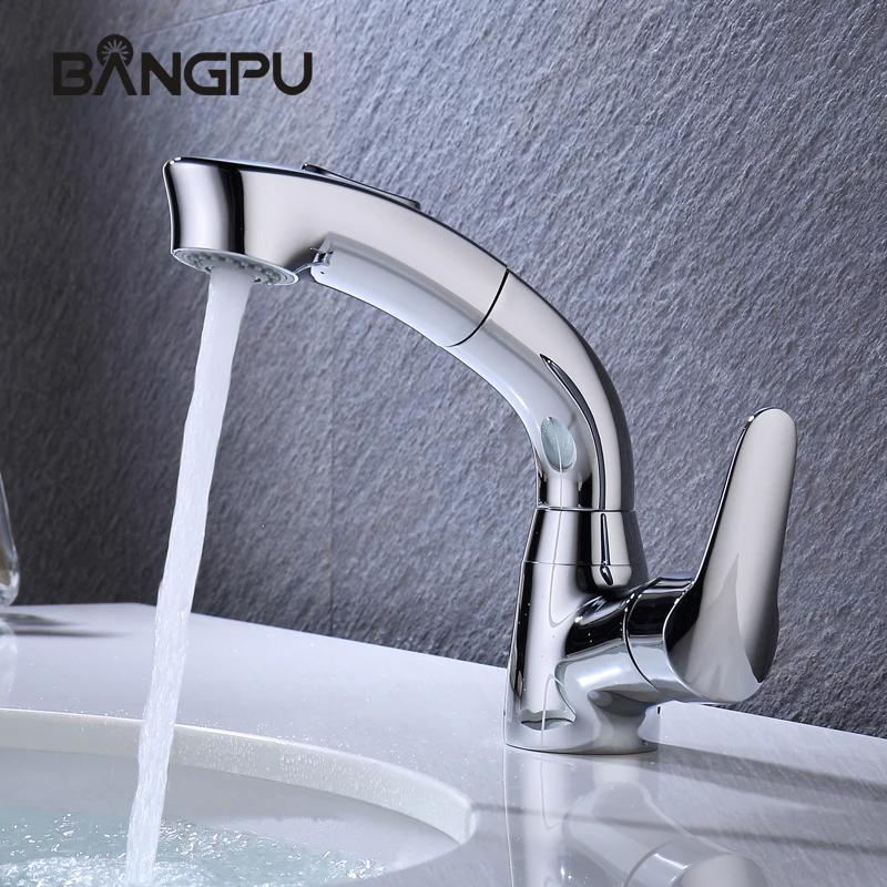 

Deck mounted One hole Bathroom sink Faucet 2 modes Lavatory Pull Out Sink Faucet Single Handle Hot and Cold Mixer Tap Chrome