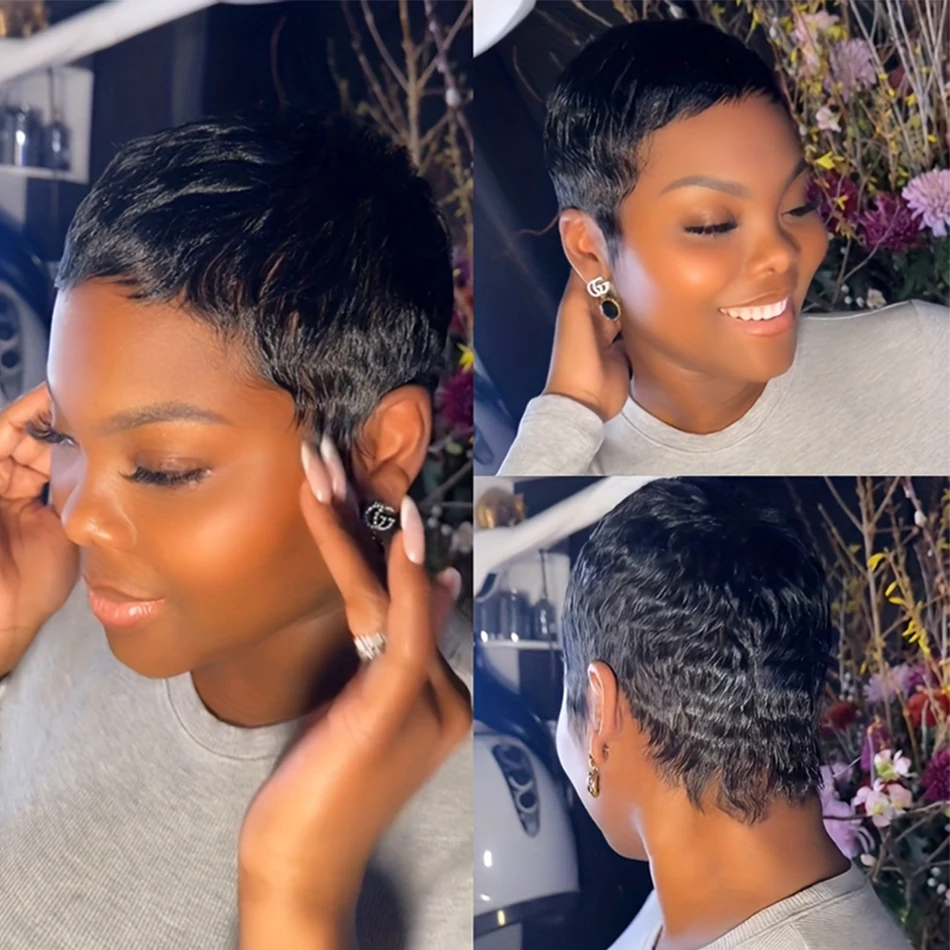 4인치 숏 픽시컷 가발 브라질산 버진 인모 기본 스타일 기계 제작 로즈 네트 캡 스트레이트 픽시 가발 인모 100%