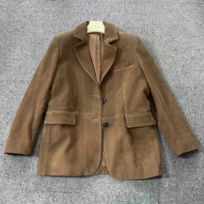 Retro Nubuck Suede Leather Suit Coat Women 2024 Autumn Winter Genuine Cow Suede Jacket Vintage Coffee Oversized Jacket Outwear