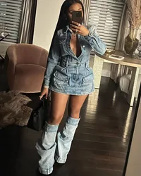 Denim Cargo Mini Dress with Trouser Leg Covers Women Turn Down Collar Long Sleeve Buttons Multi Pockets Fashion Jeans Dresses