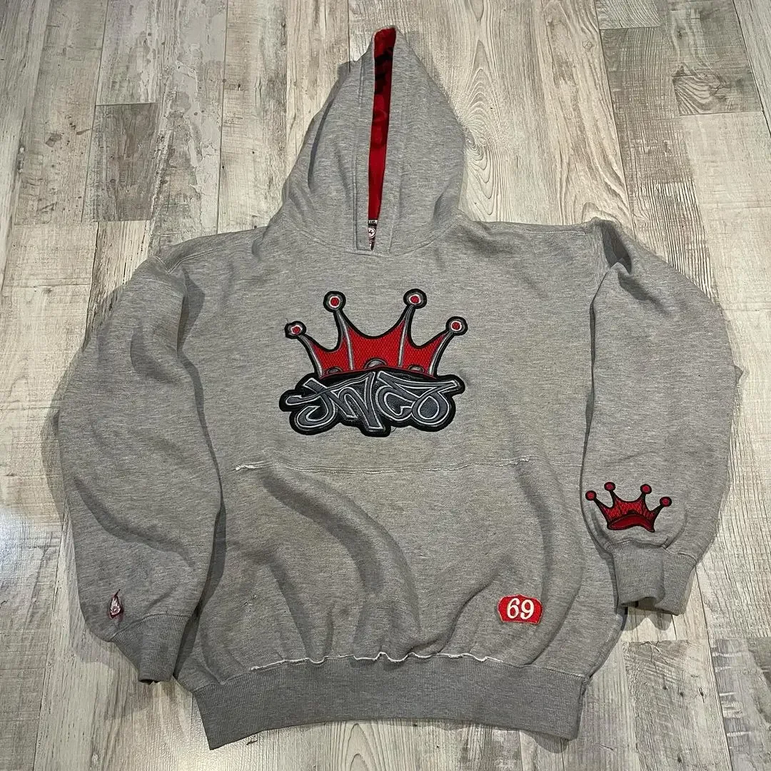 Hoodie Jnco pola bordir lengan panjang serbaguna Retro Hoodie wanita Harajuku Y2k Hoodie Pullover longgar Hip Hop Sweatshirt