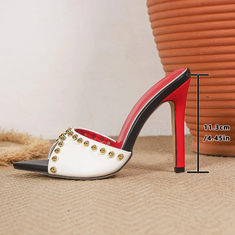 Aneikeh Summer Women's High Heel Sandals Mules Pointed Toe Fish Mouth Rivets Design Lady Slippers Banquet Slide Shoes - view 6