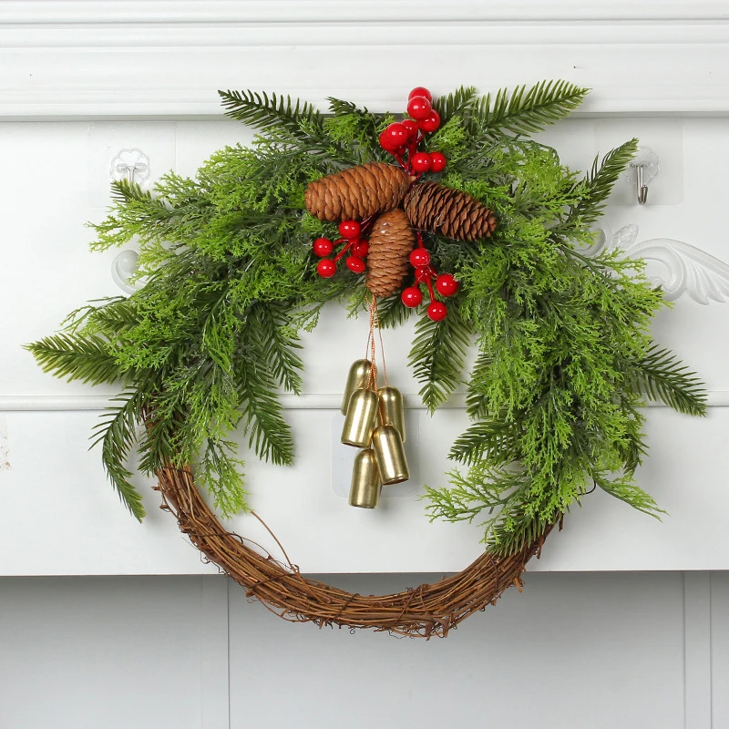 

Farmhouse Christmas Wreath With Bells Door Pine Cone Decoration Artificial Geen Plants Simulation Flower Vine New Year Garland