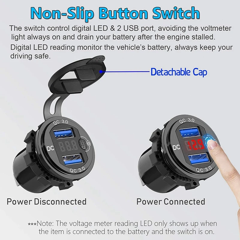 2X Quick Charge 3.0 Dual 12V USB Car Charger, Aluminum Socket With Switch Button And Red Digital Voltmeter, Waterproof