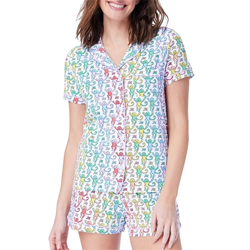 

Summer Monkey Print Pajama Set, Plus Size Cotton Short Sleeve Pajamas, Women's Matching Family Sleepwear, Home Loungewear