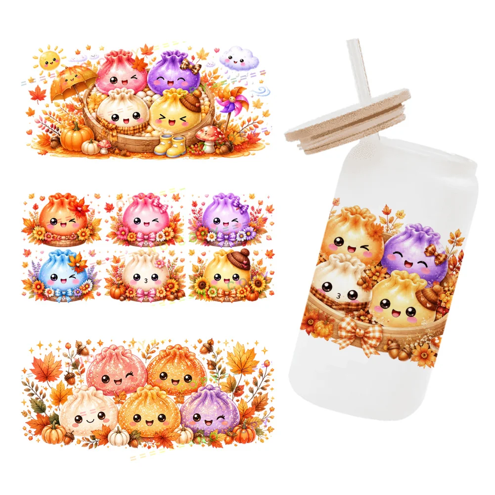Cute Bao Dumplings Maple Leaf 11x24cm UV DTF Wraps Sticker DIY For 16oz Glass Cup Waterproof Decals Phone Case Girls Sticker