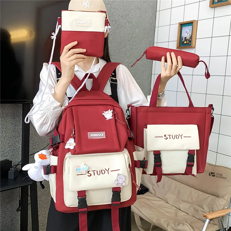 Ransel wanita Harajuku Laptop kanvas tas sekolah untuk gadis remaja Kawaii mahasiswa anak buku tas ransel 4 Pcs Set