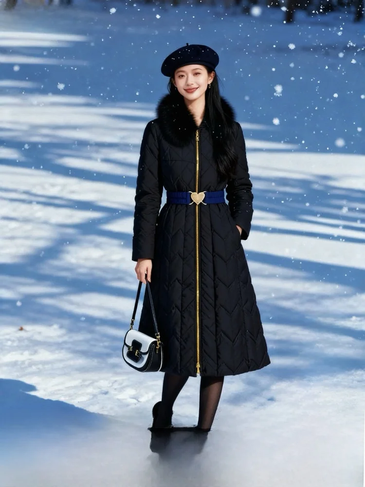 

Floral Embroidery down Jaet Women's Long Waist-Cinching Slimming White Du Feather Winter Coat Ele Sle