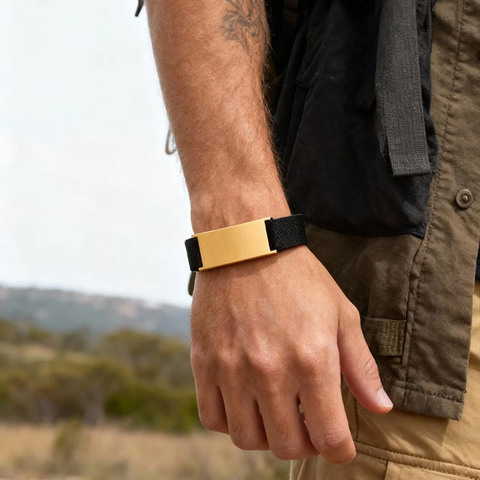 Custom Elastic Fabric Nylon Bracelets for Men,Gold Plated Stainelss Steel Name ID Wristband,Personalized Engraved Jewelry Gift