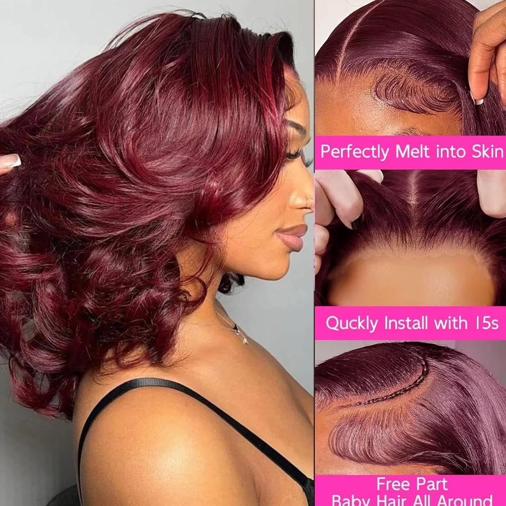 14 Inch Burgundy Bob Wig Human Hair 13x4 99j Burgundy Lace Front Wigs Human Hair Bob Wigs For Black Women 180% Density 99j 13x4 Hd Transparent Lace Front Body Wave Wigs Pre Plucked view 3