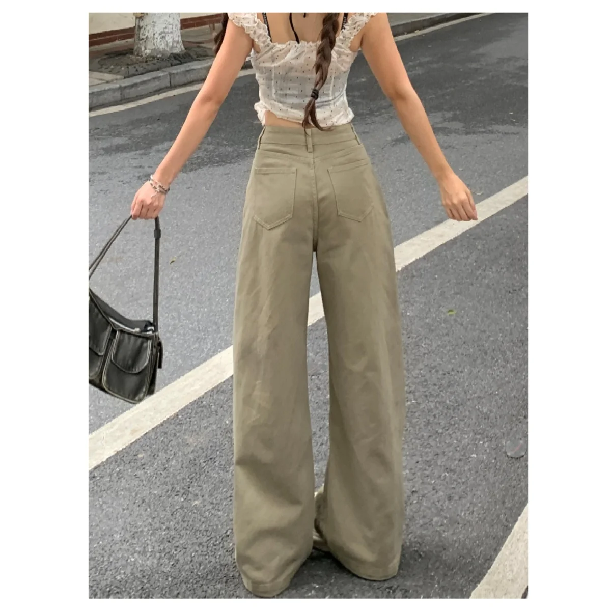 Retro High-Waisted Loose Wide-Leg Women's Pants Khaki Mopping Trousers Spring Autumn 90S Streetwear Straight Cargo Denim Pants