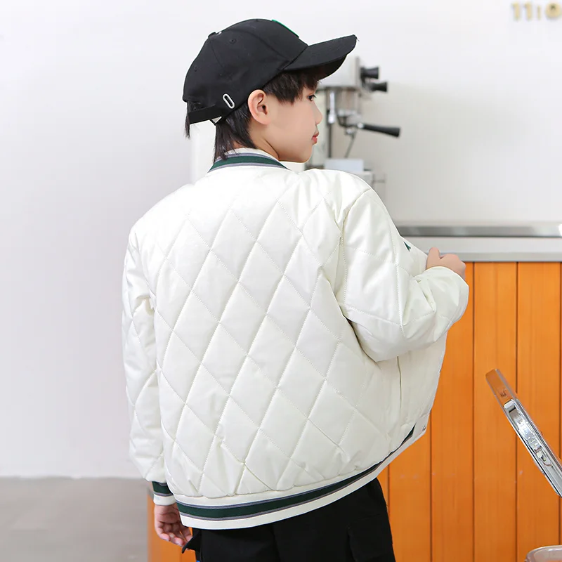 Fleece Winter Quilted Boys Alphabet Lined Baseball Jackets Children Therme Cotton Filler Coats Kids Outfit Tops 110-175cm Tall