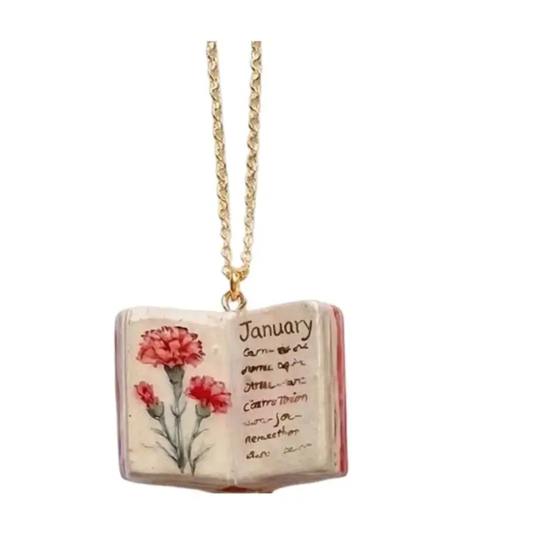 31BB Daily Wear Month Flower Necklace with Mini Book Pendant, Vintage Gold Tone Chain and Meaningful Giftable Look Jewelry