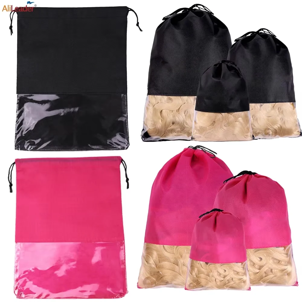 

12pcs Non-woven Wig Bag Black Pink Waterproof Dustproof Travel Bag For Store Human Hair Wigs & Hair Extensions