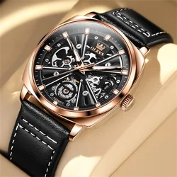 OLEVS Luxury Skeleton Men Watch Mechanical Wristwatch Leather Strap Fashion Waterproof Automatic Watches Relogio Masculion