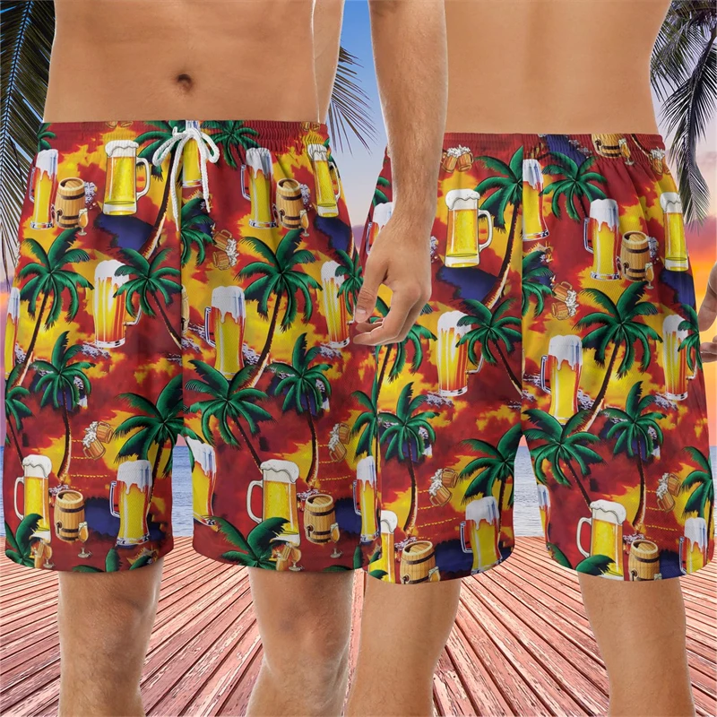 Funny Beer Graphic Hawaiian Short Pants For Men Summer Casual Party Vacation 3D Printed Beach Shorts Loose Breathable Swim Trunk