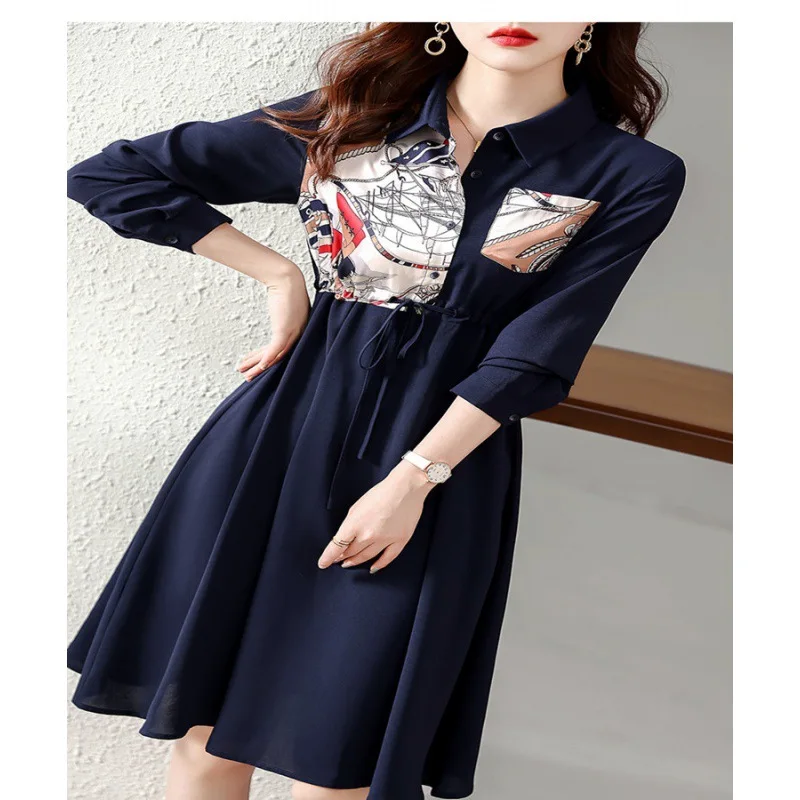 Damski patchworkowy sweter z długim rękawem ze sznurkami, elegancki obrotny kołnierz, damskie sukienki biurowy, jesienna moda, nowy, 2024