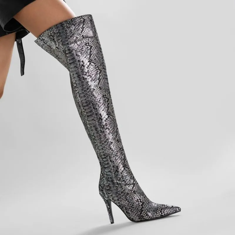 

Новые сапоги выше колена со змеиным узором/сеткой и заостренной молнией, осенне-зимние модные длинные сапоги на высоком каблуке 10,5 см, размеры 35-43