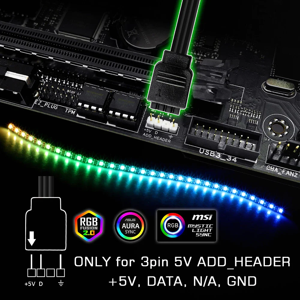 WS2812b RGB PC LED 스트립, 아수스 아우라 싱크/MSI 미스틱 라이트 싱크/기가바이트 RGB 퓨전 2.0 용 (5V 3 핀 주소 지정 가능 LED 헤더)