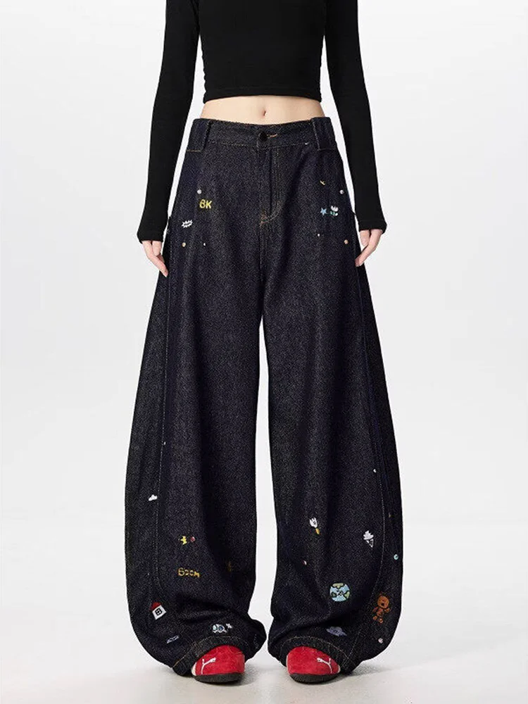 

Мужские летние джинсы в стиле ретро, американские, с эффектом потертости, широкие, прямые, с вышивкой, повседневные, износостойкие, свободного кроя