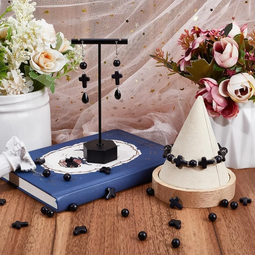 1 صندوق 160 قطعة الصليب الأسود الخرز 8 مللي متر الجولة فضفاض خزر عازل صغير صغير 16x12 مللي متر حجر الفيروز حبة #4