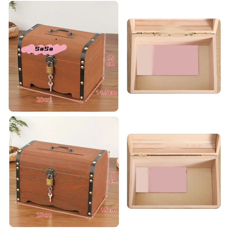 مجموعة واحدة من صندوق الكنز الخشبي العتيق مع قفل - صندوق تخزين منظم حصالة الخنزير للديكور المنزلي