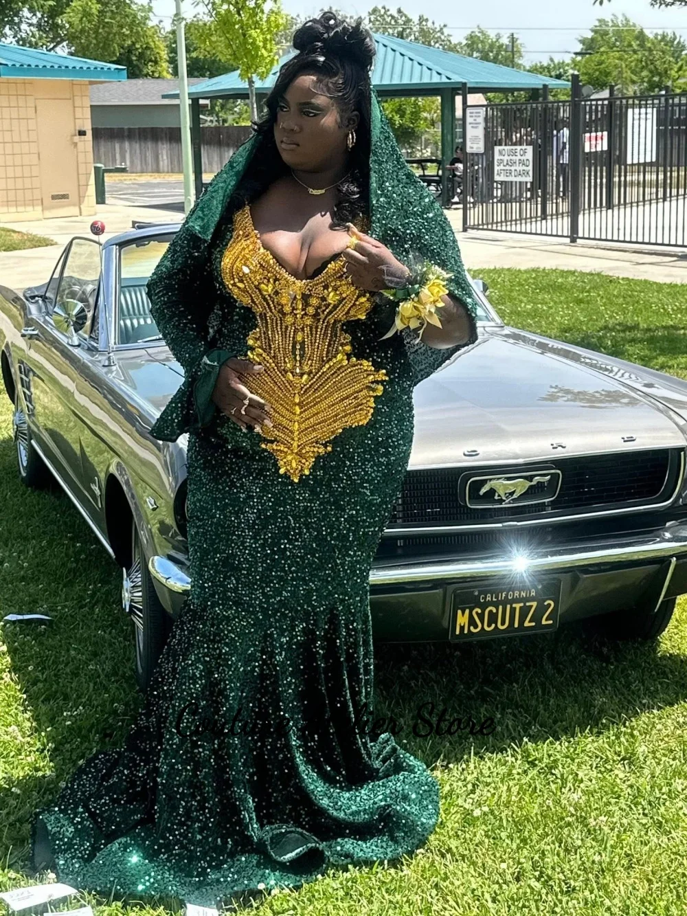 

AttractiveGreen Sequin Prom Dress With Head Cover Gold Beaded Rhinestone For Black Girls 2026 Birthday Luxury Dress Customized