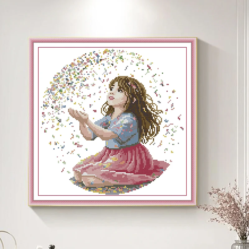 

Pink Dress Girl Printed Cross Stitch Kit 14/16/11CT Handmade Embroidery Set DIY Home Decoration Gift Joy Sunday Kit Craft Kit