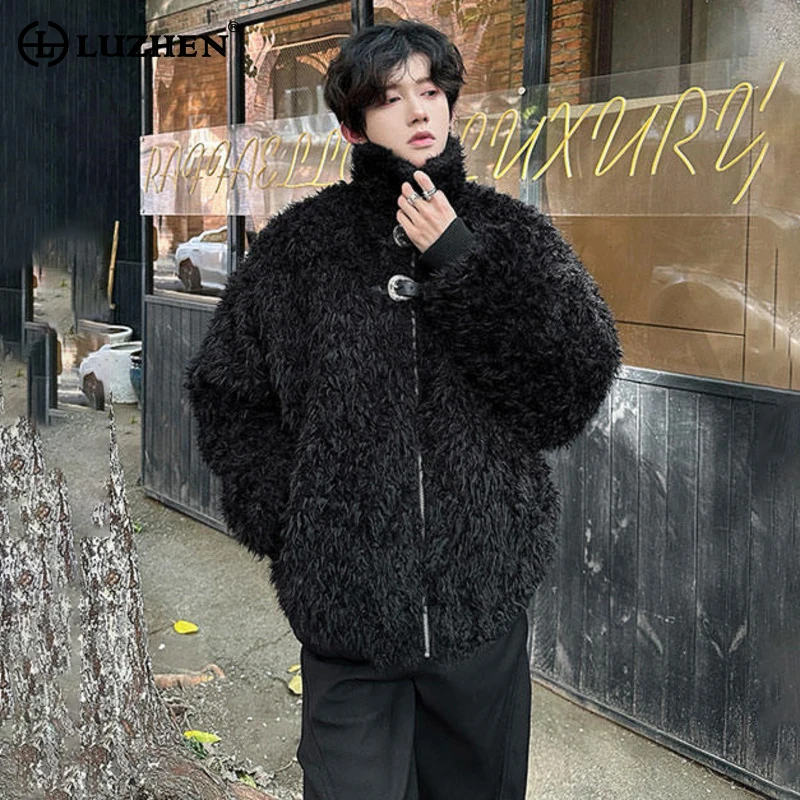 

LUZHEN 2025 Winter New Faux Fur High Quality Warm Jacket Men's Fashion Korean Leather Buckle Placket Solid Color Clothes JY4857